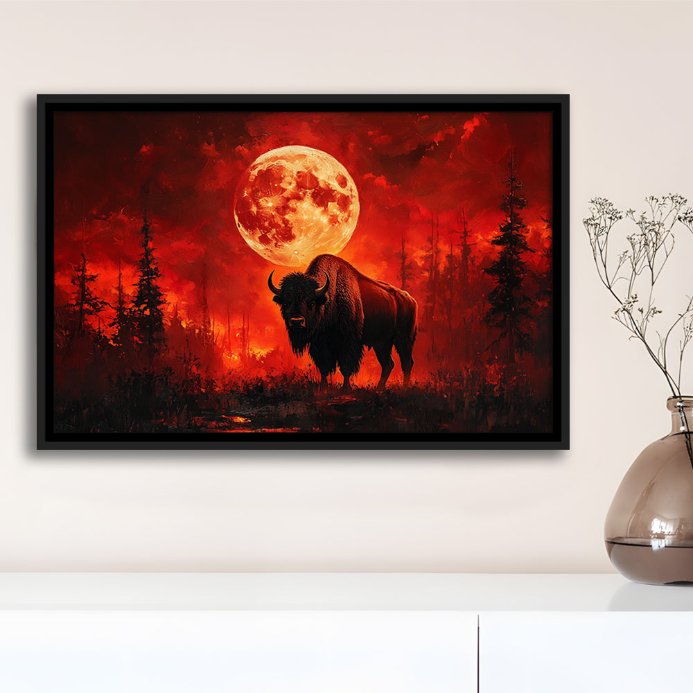 Painting Bison With Blood Moon in Night Forest, Framed Canvas Print, Painting Art, Floating Framed Canvas Wall Art