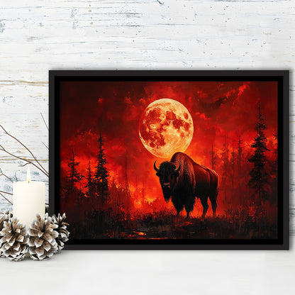 Painting Bison With Blood Moon in Night Forest, Framed Canvas Print, Painting Art, Floating Framed Canvas Wall Art