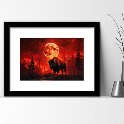 Painting Bison With Blood Moon in Night Forest, Framed  Print, Painting Art, Framed Art Print White Border Wall Decor