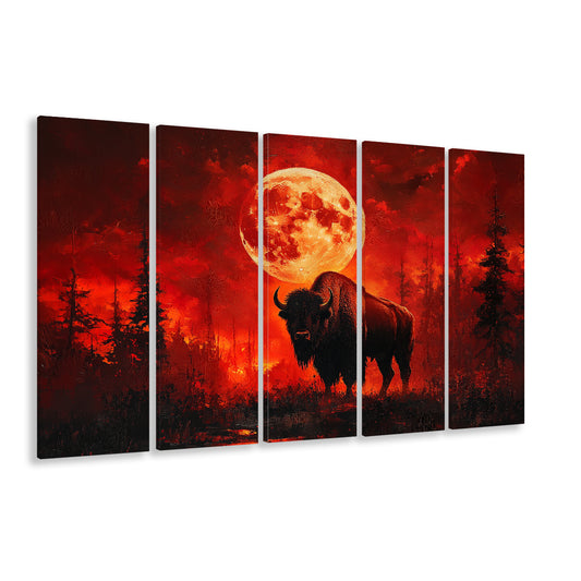 Painting Bison With Blood Moon in Night Forest, Canvas Art Print, Painting Art, Multi Panels Canvas Print Wall Art