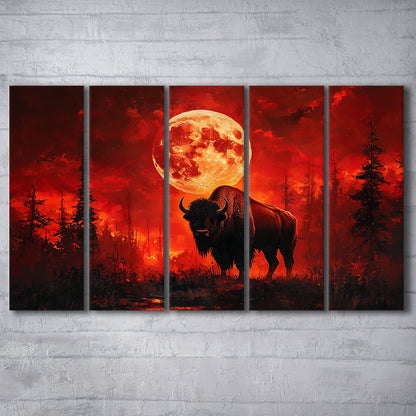 Painting Bison With Blood Moon in Night Forest, Canvas Art Print, Painting Art, Multi Panels Canvas Print Wall Art