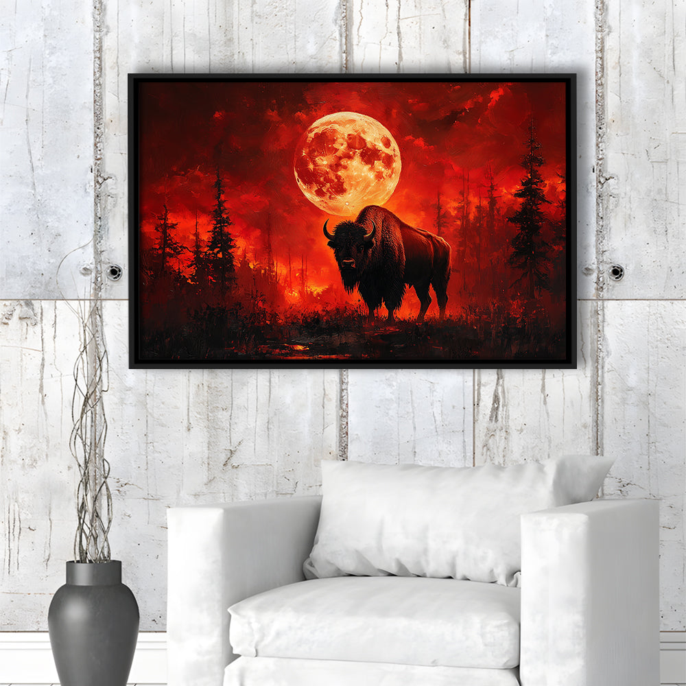 Painting Bison With Blood Moon in Night Forest, Framed Canvas Print, Painting Art, Floating Framed Canvas Wall Art