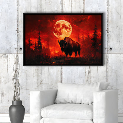 Painting Bison With Blood Moon in Night Forest, Framed Canvas Print, Painting Art, Floating Framed Canvas Wall Art