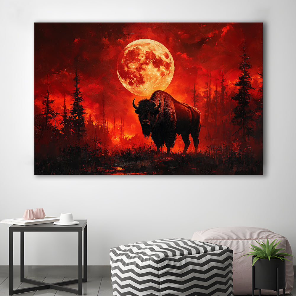 Painting Bison With Blood Moon in Night Forest, Canvas Art Decor Print, Painting Art, Canvas Print Wall Art Home Decor