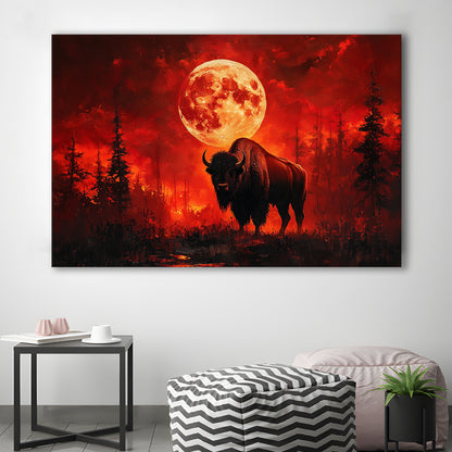 Painting Bison With Blood Moon in Night Forest, Canvas Art Decor Print, Painting Art, Canvas Print Wall Art Home Decor