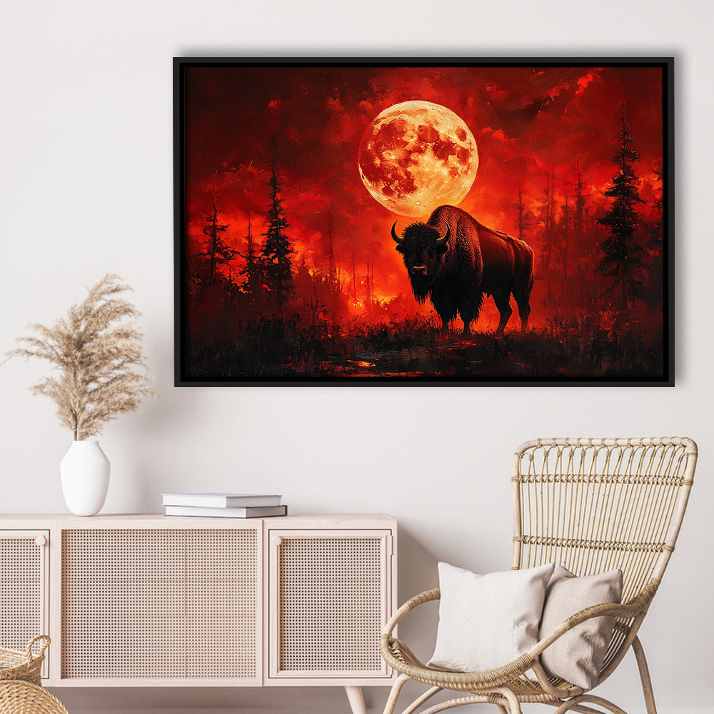 Painting Bison With Blood Moon in Night Forest, Framed Canvas Print, Painting Art, Floating Framed Canvas Wall Art
