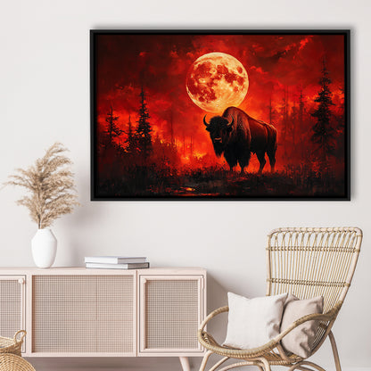 Painting Bison With Blood Moon in Night Forest, Framed Canvas Print, Painting Art, Floating Framed Canvas Wall Art