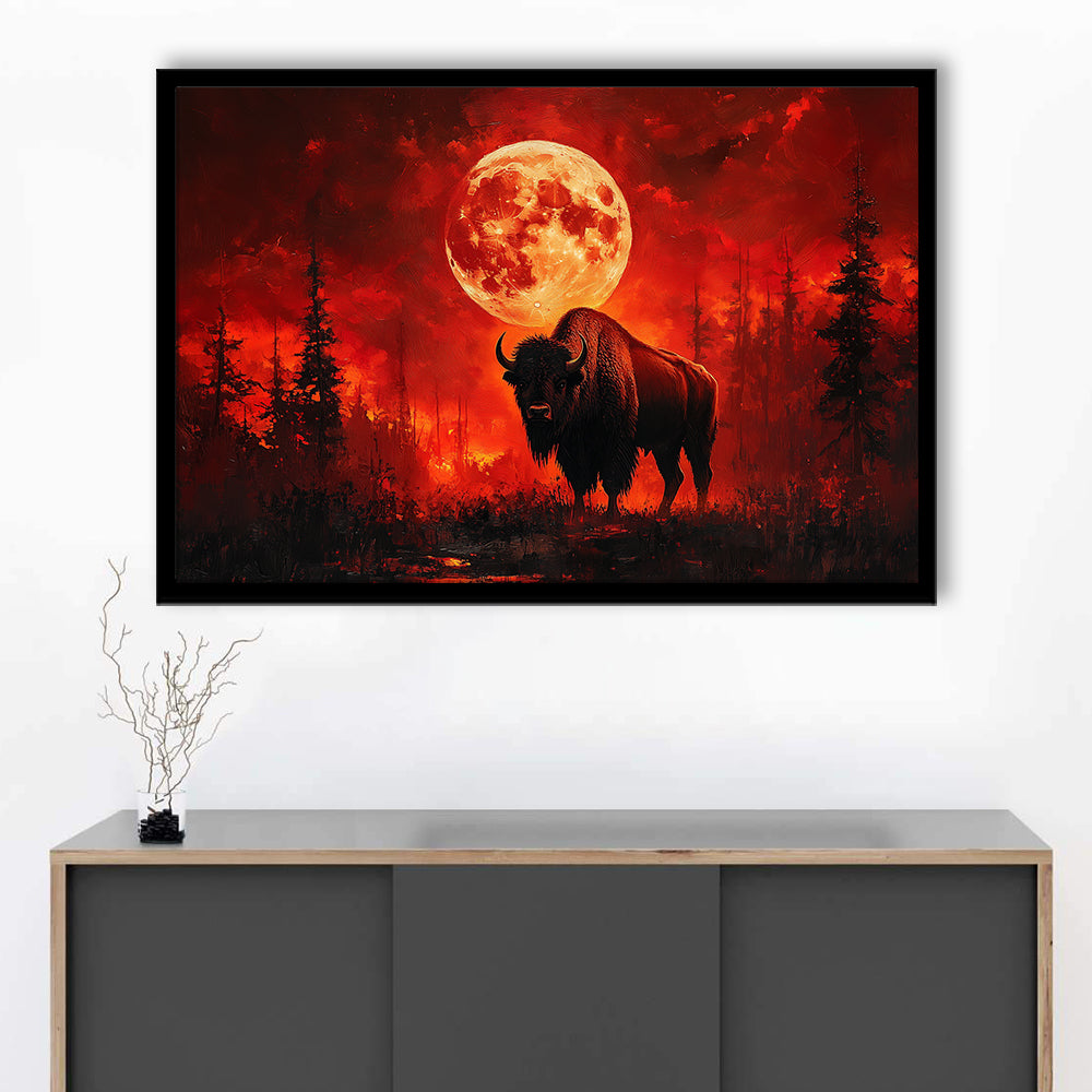 Painting Bison With Blood Moon in Night Forest, Framed  Print, Painting Art, Framed Art Print Wall Decor, Framed Picture
