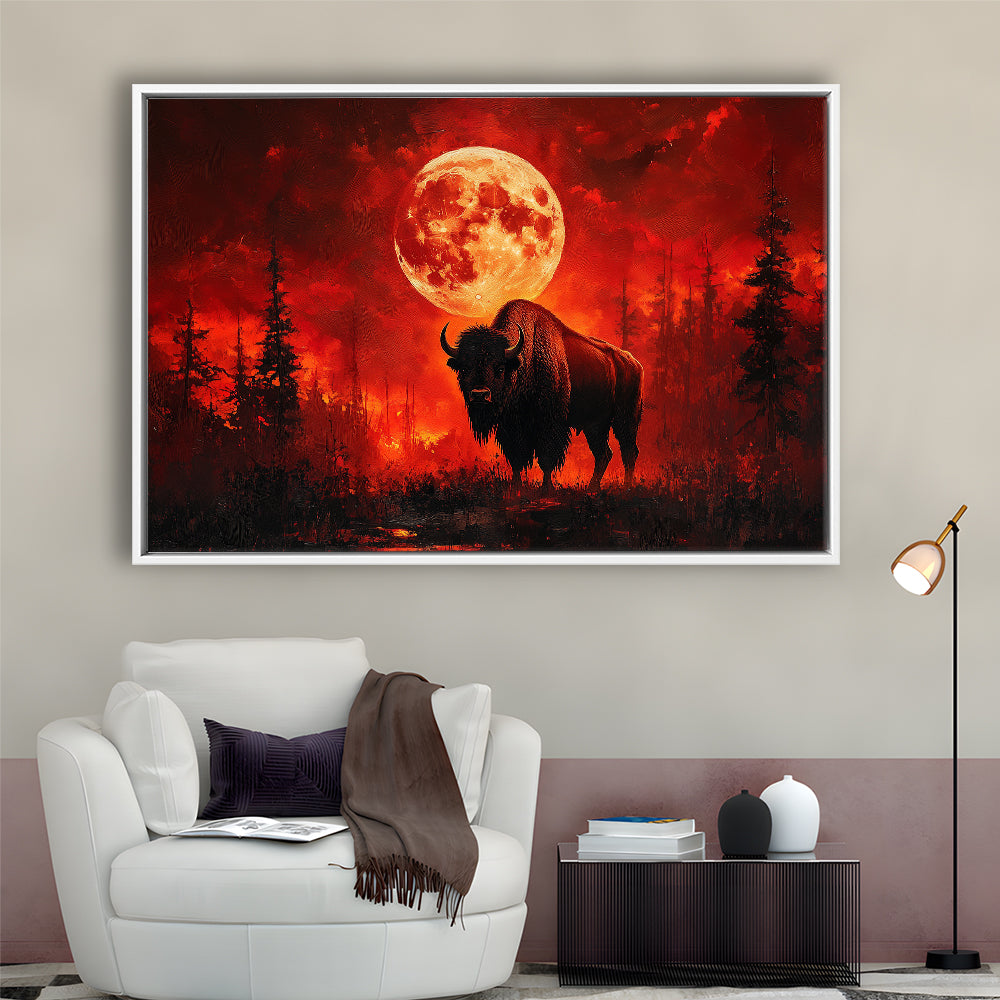 Painting Bison With Blood Moon in Night Forest, Framed Canvas Print, Painting Art, Floating Framed Canvas Wall Art