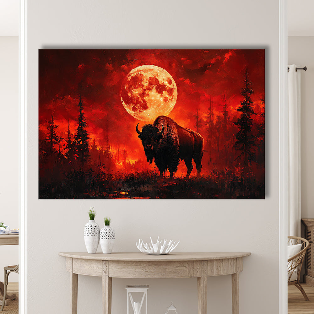 Painting Bison With Blood Moon in Night Forest, Canvas Art Decor Print, Painting Art, Canvas Print Wall Art Home Decor