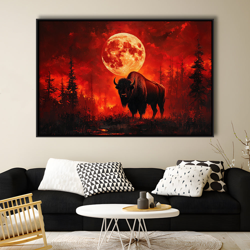 Painting Bison With Blood Moon in Night Forest, Framed Canvas Print, Painting Art, Floating Framed Canvas Wall Art