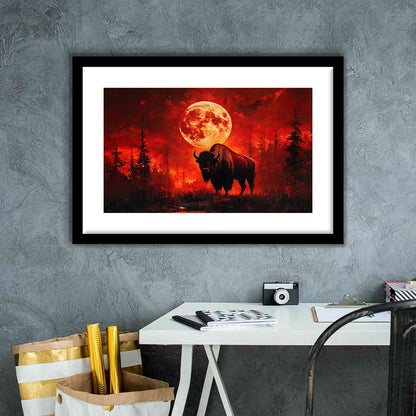 Painting Bison With Blood Moon in Night Forest, Framed  Print, Painting Art, Framed Art Print White Border Wall Decor