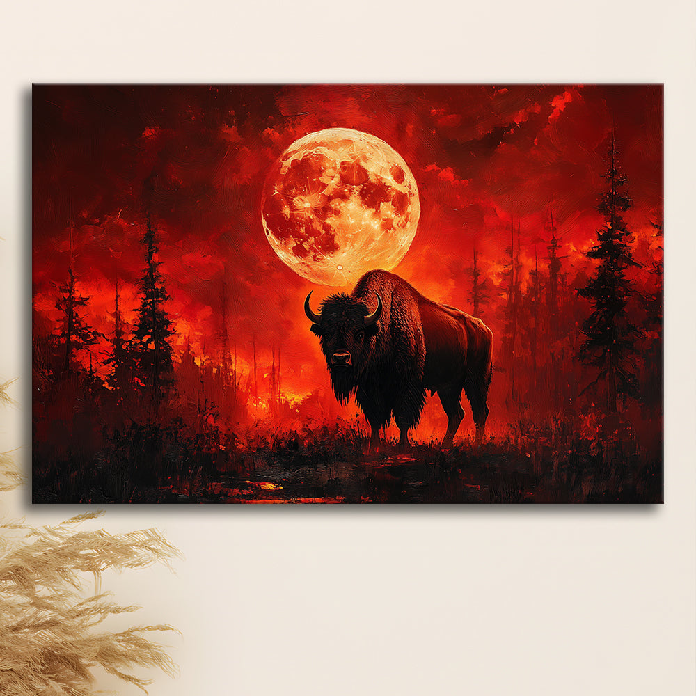 Painting Bison With Blood Moon in Night Forest, Canvas Art Decor Print, Painting Art, Canvas Print Wall Art Home Decor