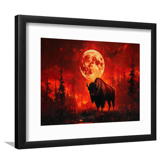 Painting Bison With Blood Moon in Night Forest, Framed  Print, Painting Art, Framed Art Print White Border Wall Decor