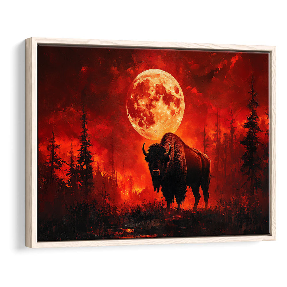 Painting Bison With Blood Moon in Night Forest, Framed Canvas Print, Painting Art, Floating Framed Canvas Wall Art