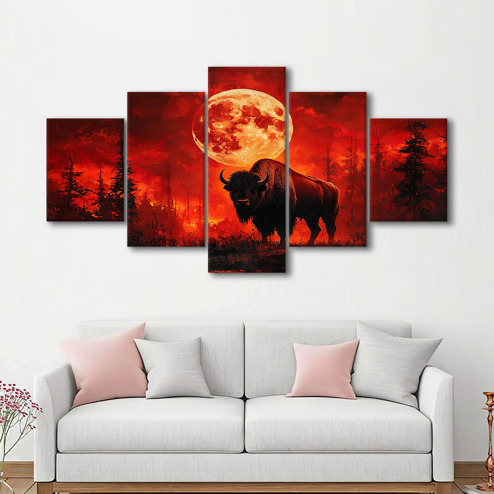 Painting Bison With Blood Moon in Night Forest, Canvas Art Decor Print, Painting Art, Mixed Panels Canvas Print Wall Art