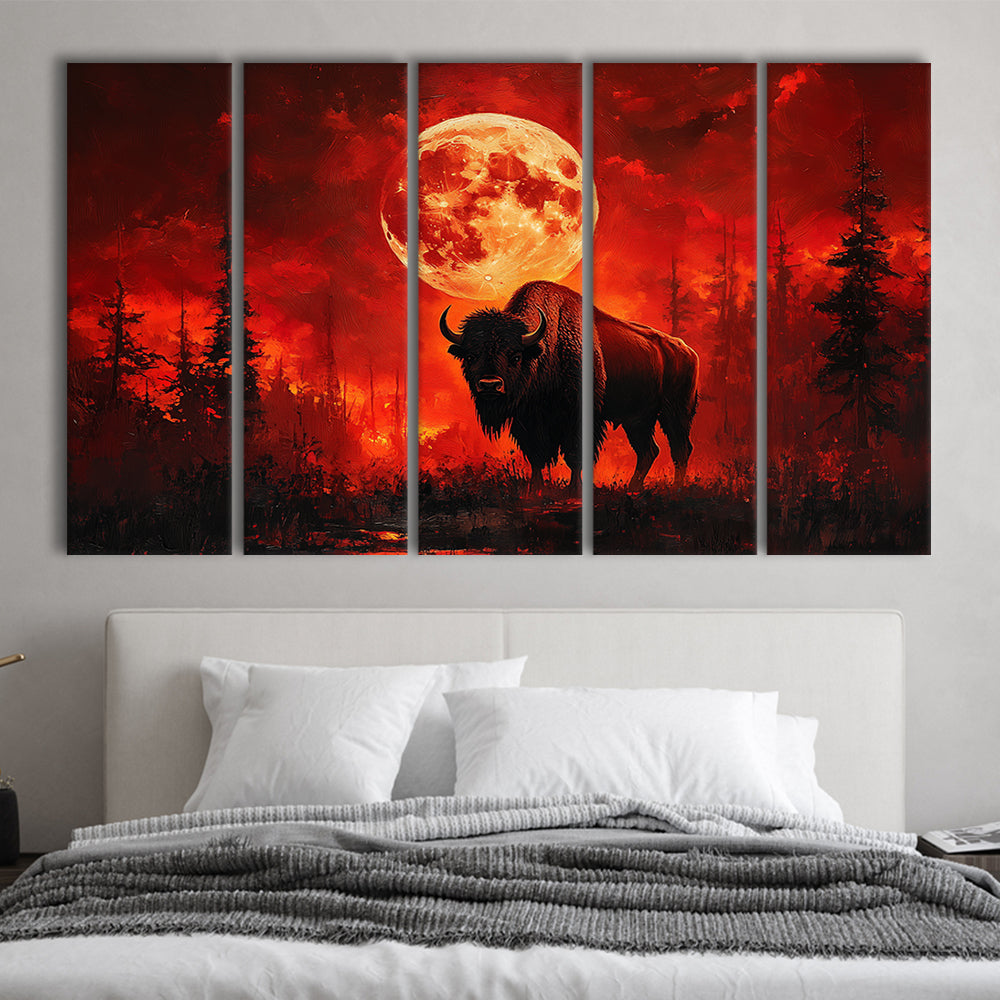 Painting Bison With Blood Moon in Night Forest, Canvas Art Print, Painting Art, Multi Panels Canvas Print Wall Art