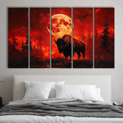 Painting Bison With Blood Moon in Night Forest, Canvas Art Print, Painting Art, Multi Panels Canvas Print Wall Art