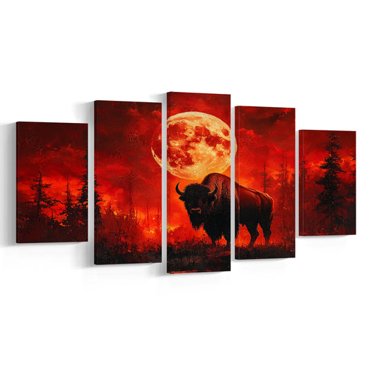 Painting Bison With Blood Moon in Night Forest, Canvas Art Decor Print, Painting Art, Mixed Panels Canvas Print Wall Art