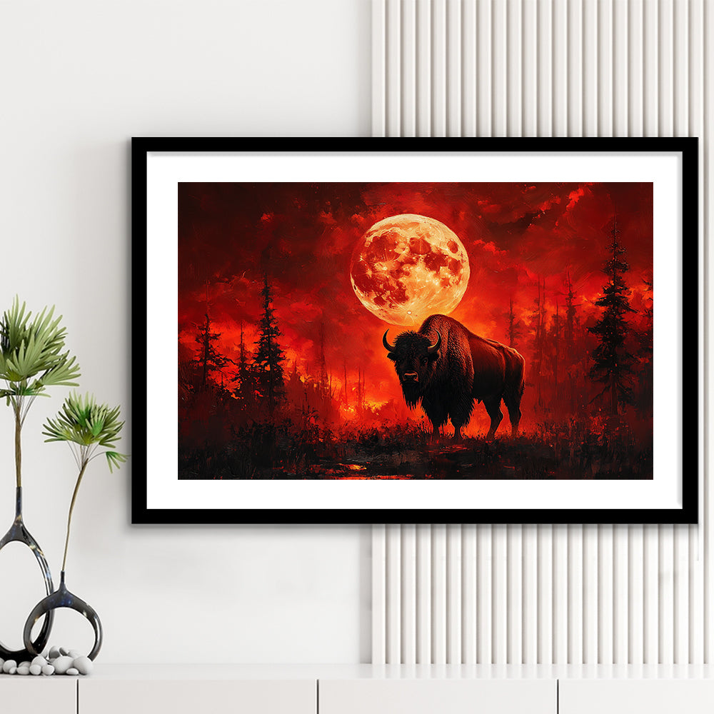 Painting Bison With Blood Moon in Night Forest, Framed  Print, Painting Art, Framed Art Print White Border Wall Decor