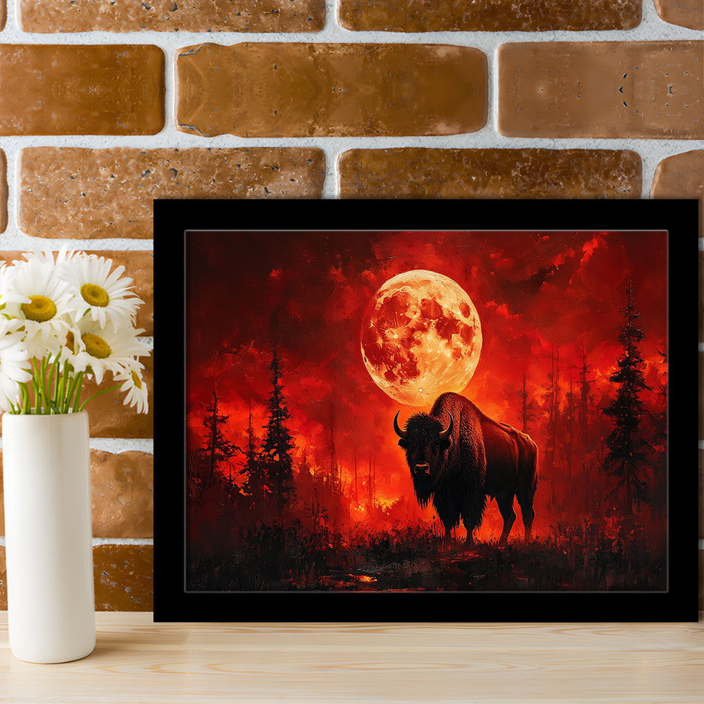 Painting Bison With Blood Moon in Night Forest, Framed  Print, Painting Art, Framed Art Print Wall Decor, Framed Picture