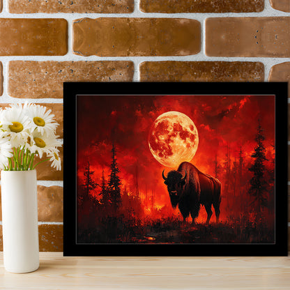 Painting Bison With Blood Moon in Night Forest, Framed  Print, Painting Art, Framed Art Print Wall Decor, Framed Picture