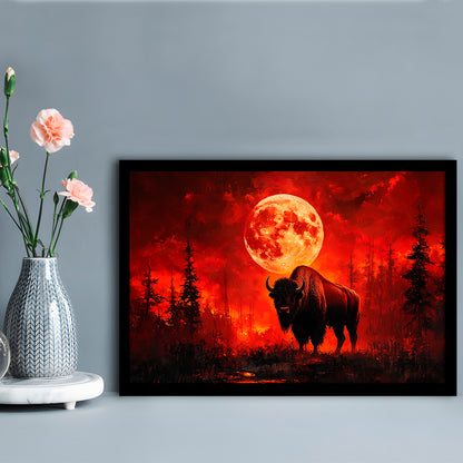 Painting Bison With Blood Moon in Night Forest, Framed  Print, Painting Art, Framed Art Print Wall Decor, Framed Picture