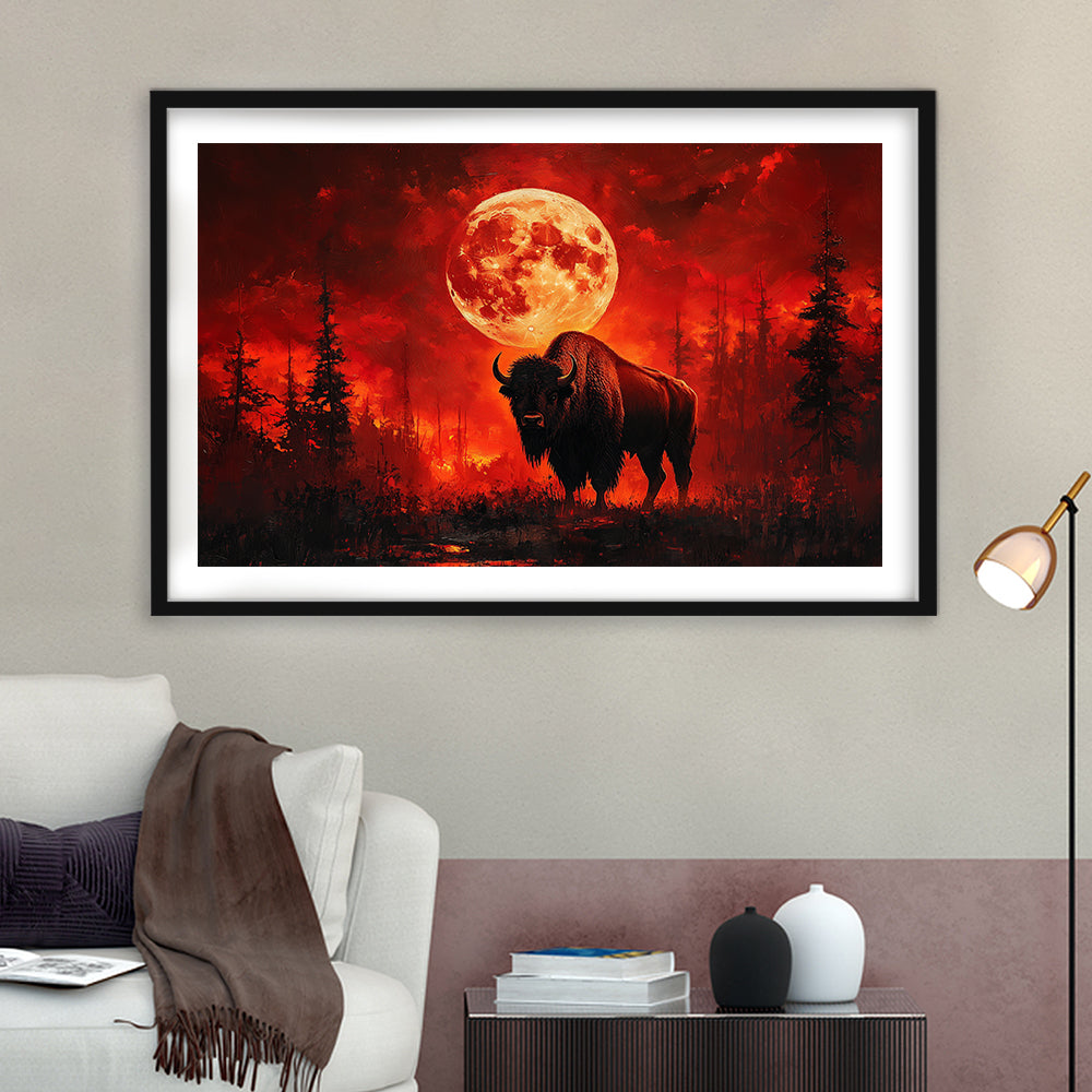 Painting Bison With Blood Moon in Night Forest, Framed  Print, Painting Art, Framed Art Print White Border Wall Decor