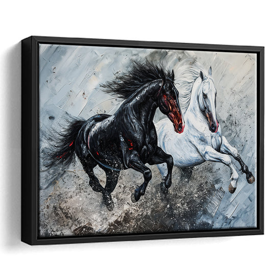 Painting Couple Horse Running Together Black And White V1, Framed Canvas Painting, Framed Canvas Prints Wall Art Decor