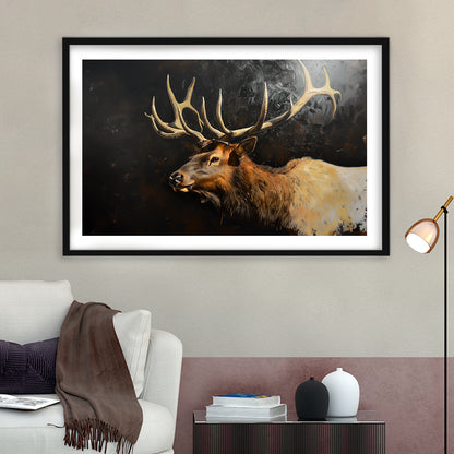 Painting Portrait Elk With Antlers Black Background, Hunting Art Decor, Framed Art Print White Border Wall Decor