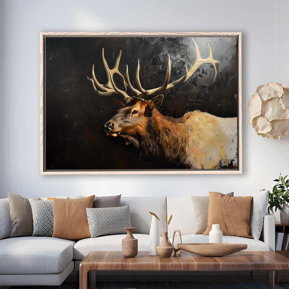 Painting Portrait Elk With Antlers Black Background, Hunting Art Decor, Floating Framed Canvas Print Wall Art