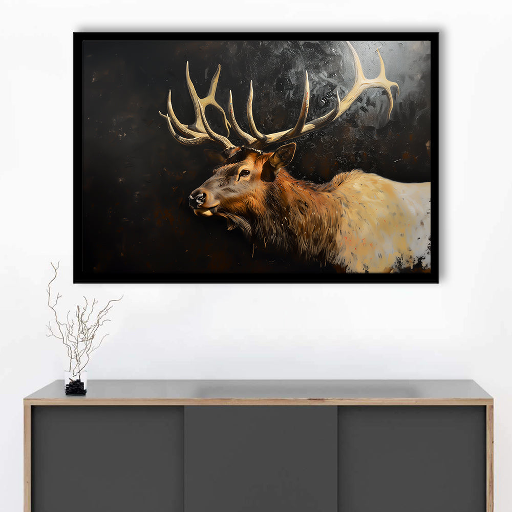 Painting Portrait Elk With Antlers Black Background, Hunting Art Decor, Framed Art Print Wall Decor, Framed Picture