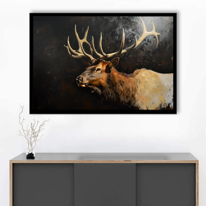 Painting Portrait Elk With Antlers Black Background, Hunting Art Decor, Framed Art Print Wall Decor, Framed Picture