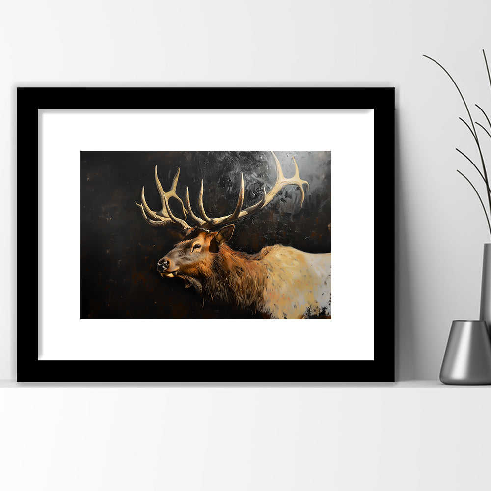 Painting Portrait Elk With Antlers Black Background, Hunting Art Decor, Framed Art Print White Border Wall Decor