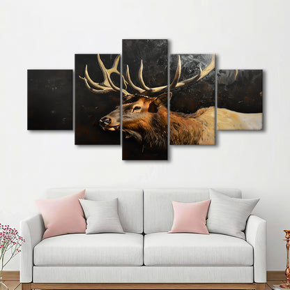 Painting Portrait Elk With Antlers Black Background, Hunting Art Decor, Mixed Panels Canvas Print Wall Art