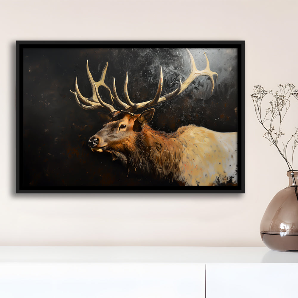 Painting Portrait Elk With Antlers Black Background, Hunting Art Decor, Floating Framed Canvas Print Wall Art
