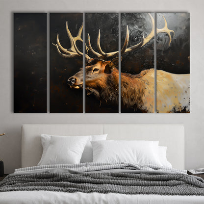 Painting Portrait Elk With Antlers Black Background, Hunting Art, Multi Panels Canvas Print Wall Art