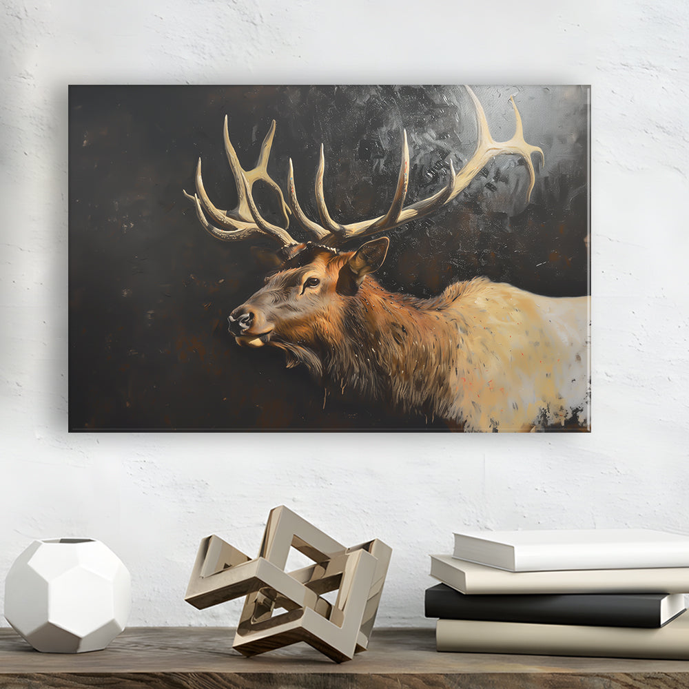 Painting Portrait Elk With Antlers Black Background, Hunting Art Decor, Canvas Print Wall Art Home Decor