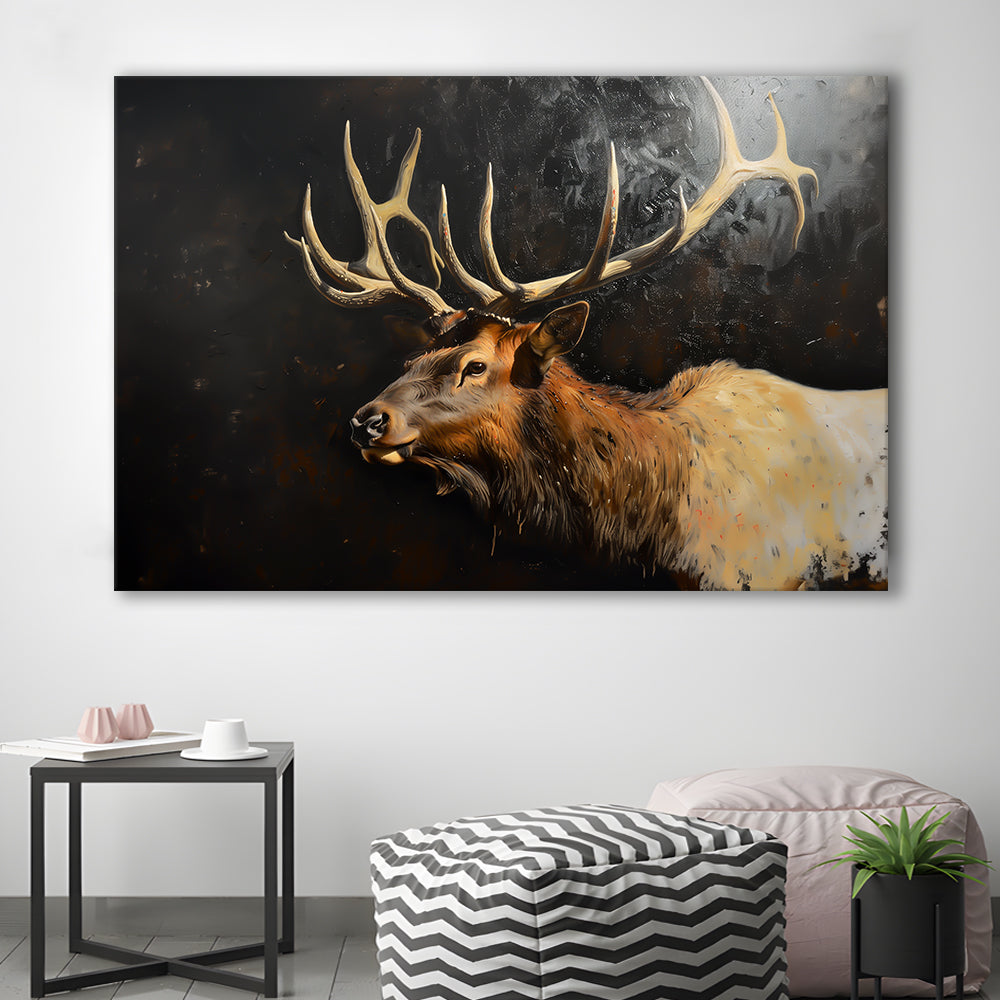 Painting Portrait Elk With Antlers Black Background, Hunting Art Decor, Canvas Print Wall Art Home Decor