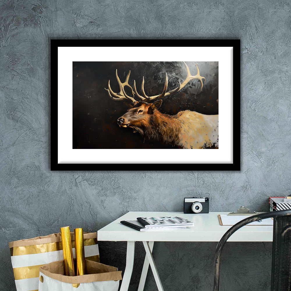 Painting Portrait Elk With Antlers Black Background, Hunting Art Decor, Framed Art Print White Border Wall Decor