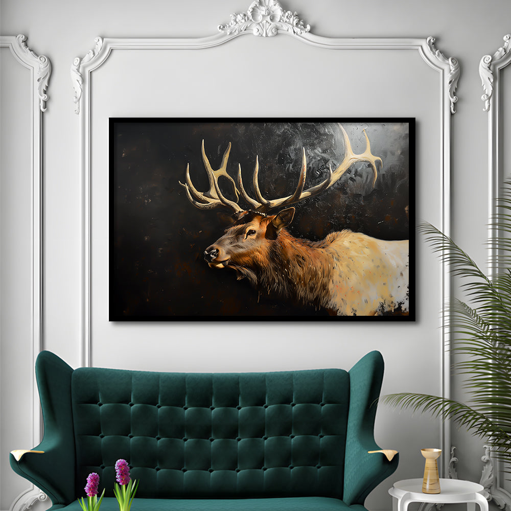 Painting Portrait Elk With Antlers Black Background, Hunting Art Decor, Framed Art Print Wall Decor, Framed Picture