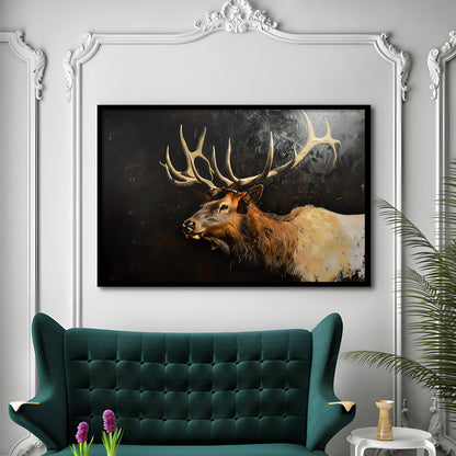Painting Portrait Elk With Antlers Black Background, Hunting Art Decor, Framed Art Print Wall Decor, Framed Picture