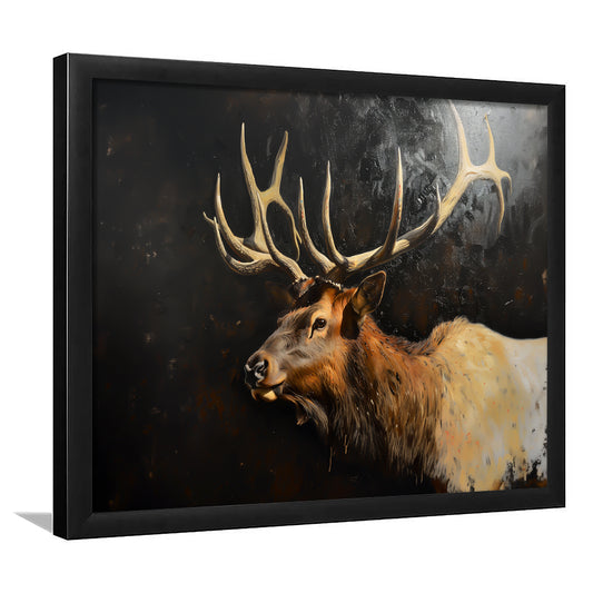 Painting Portrait Elk With Antlers Black Background, Hunting Art Decor, Framed Art Print Wall Decor, Framed Picture