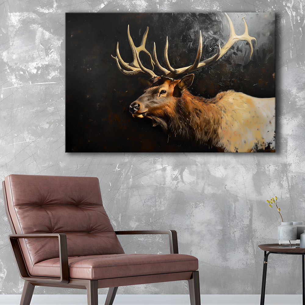 Painting Portrait Elk With Antlers Black Background, Hunting Art Decor, Canvas Print Wall Art Home Decor
