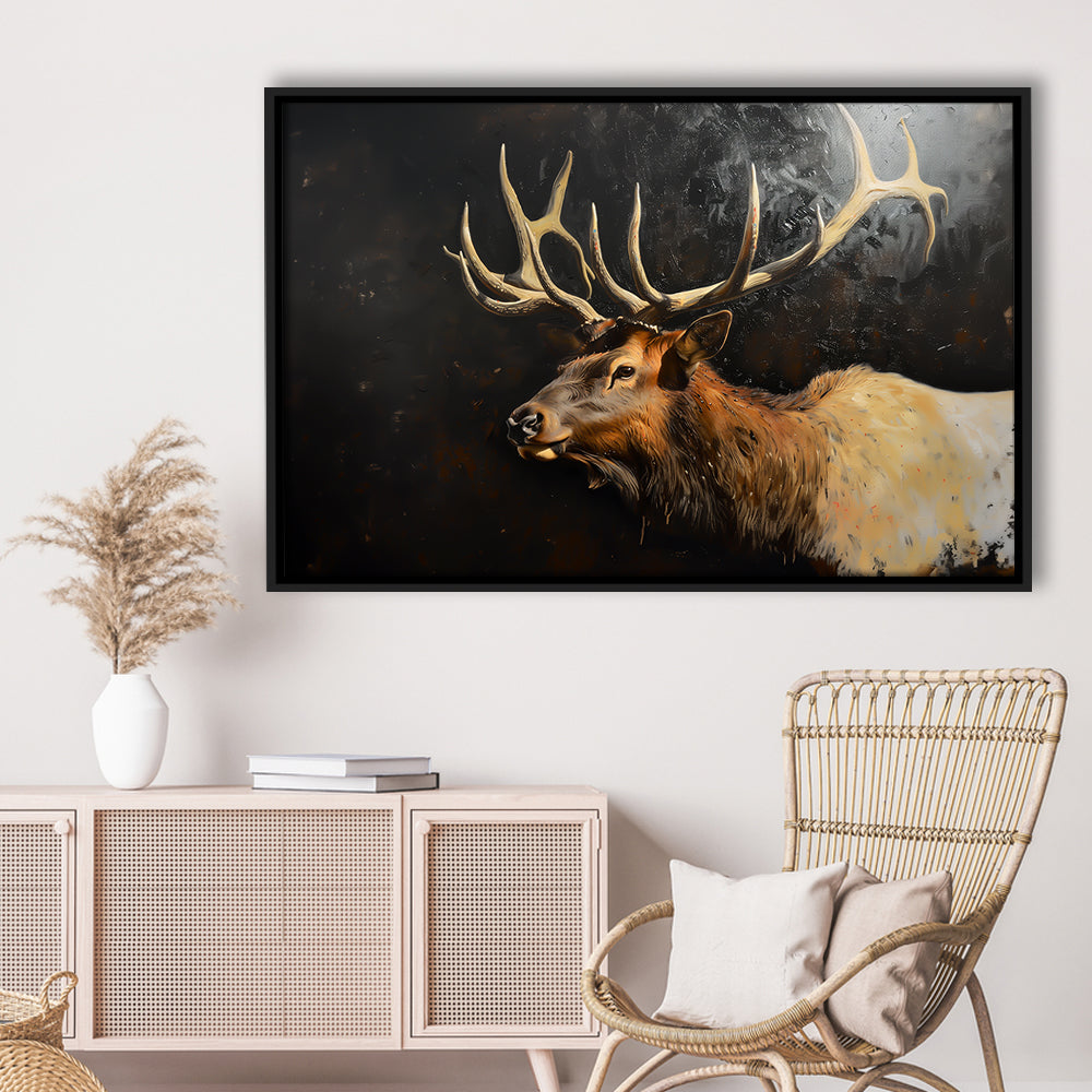 Painting Portrait Elk With Antlers Black Background, Hunting Art Decor, Floating Framed Canvas Print Wall Art