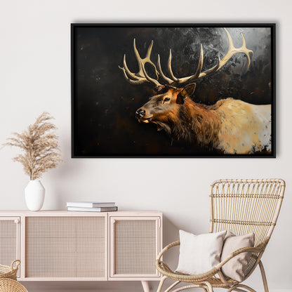 Painting Portrait Elk With Antlers Black Background, Hunting Art Decor, Floating Framed Canvas Print Wall Art