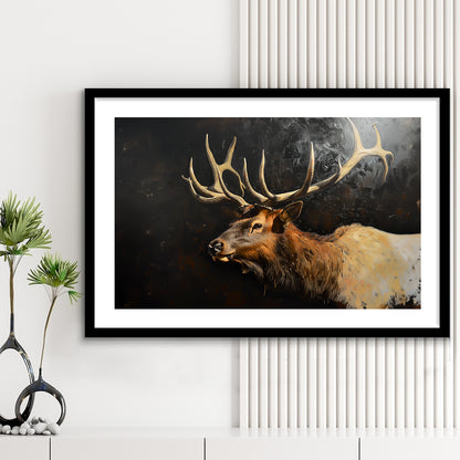 Painting Portrait Elk With Antlers Black Background, Hunting Art Decor, Framed Art Print White Border Wall Decor