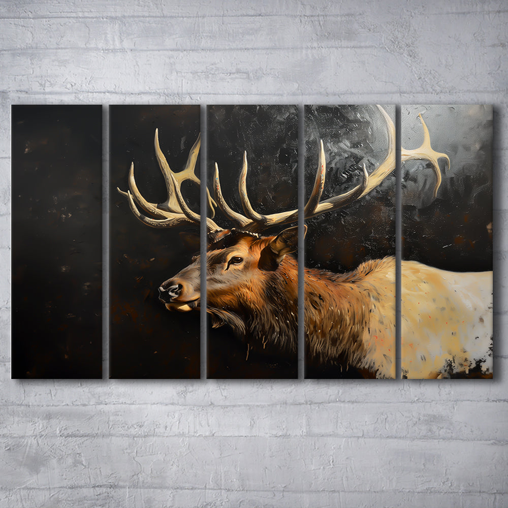 Painting Portrait Elk With Antlers Black Background, Hunting Art, Multi Panels Canvas Print Wall Art