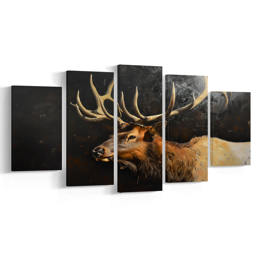 Painting Portrait Elk With Antlers Black Background, Hunting Art Decor, Mixed Panels Canvas Print Wall Art