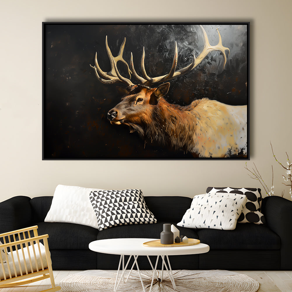 Painting Portrait Elk With Antlers Black Background, Hunting Art Decor, Floating Framed Canvas Print Wall Art